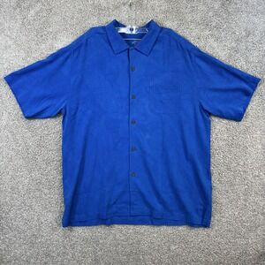 Tommy Bahama Button Down Shirt Mens XL Blue 100% Silk Palm Leaf Jacquard XL/TG